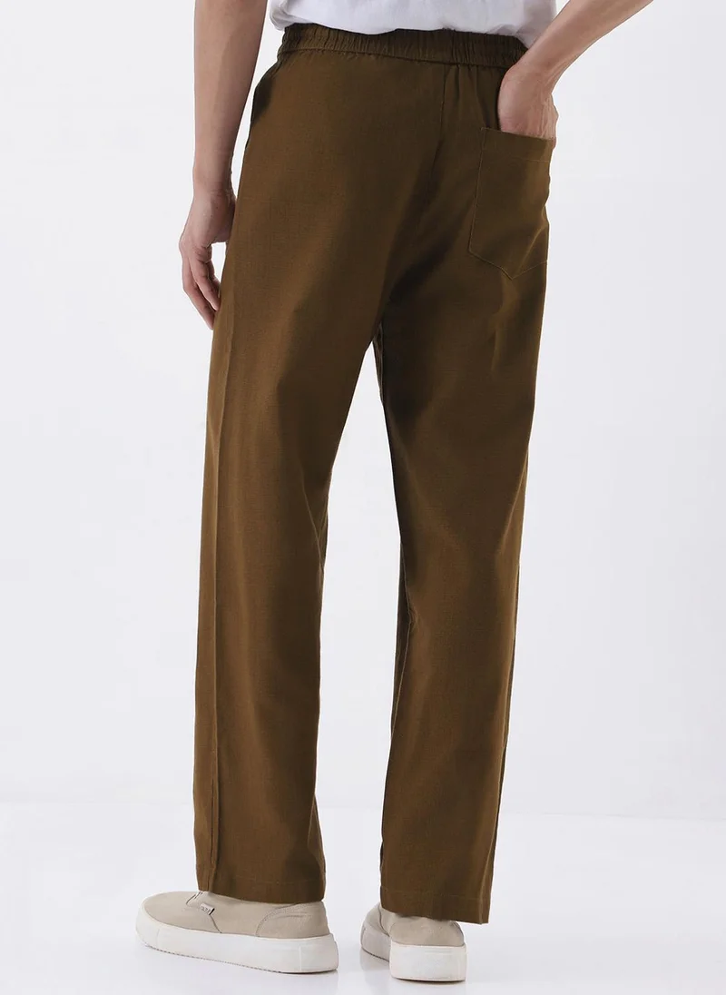 Urbano Fashion  Urbano Fashion Men's Khaki Loose Fit Solid Linen Blend Trousers Non-Stretchable for Men | Best Price UAE